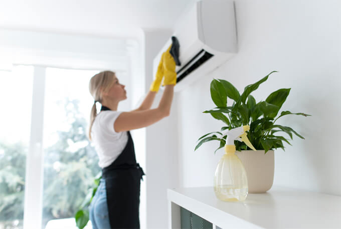 Woman cleaning an air conditioner